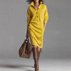 Irene Button Collar Sweater Dress in Yellow