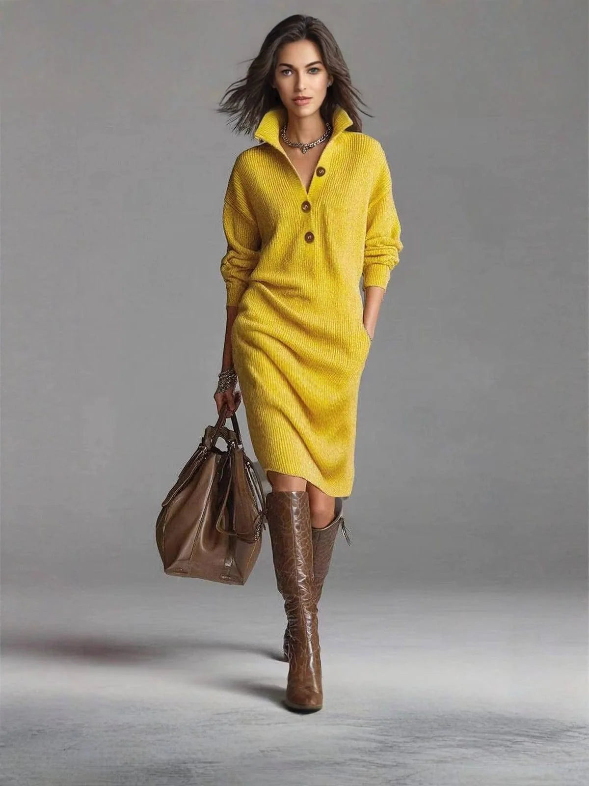 Irene Button Collar Sweater Dress in Yellow