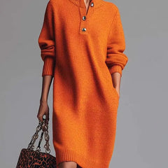 Irene Button Collar Sweater Dress in Orange