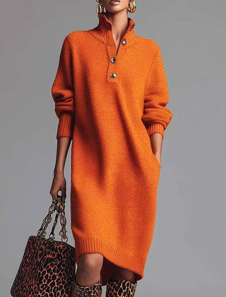 Irene Button Collar Sweater Dress in Orange