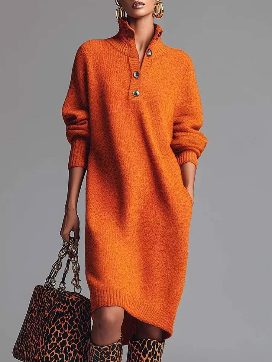 Irene Button Collar Sweater Dress in Orange