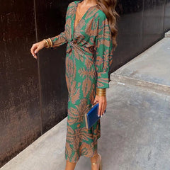 Isadora Leaf Print V-Neck Midi Dress in Green