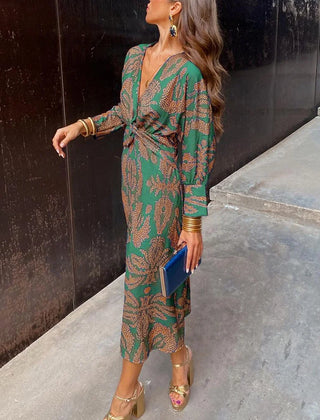 Isadora Leaf Print V-Neck Midi Dress in Green