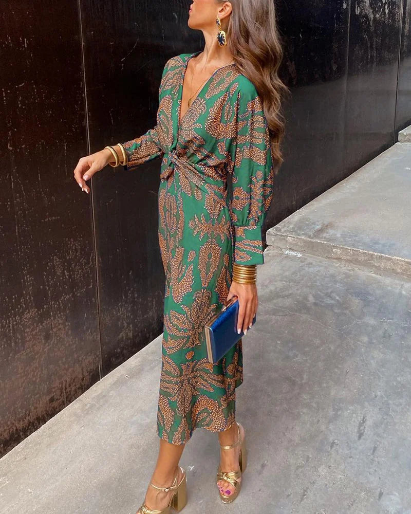 Isadora Leaf Print V-Neck Midi Dress in Green