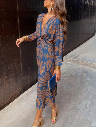 Isadora Leaf Print V-Neck Midi Dress in Blue