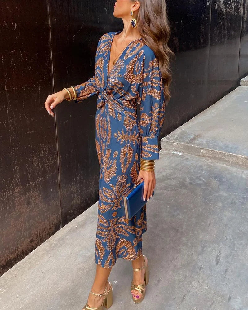 Isadora Leaf Print V-Neck Midi Dress in Blue