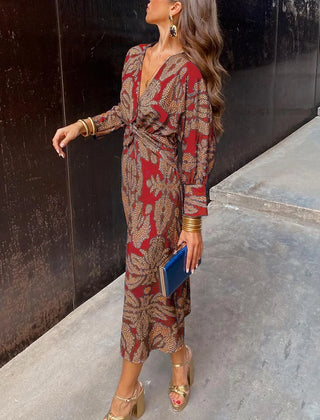 Isadora Leaf Print V-Neck Midi Dress in Red