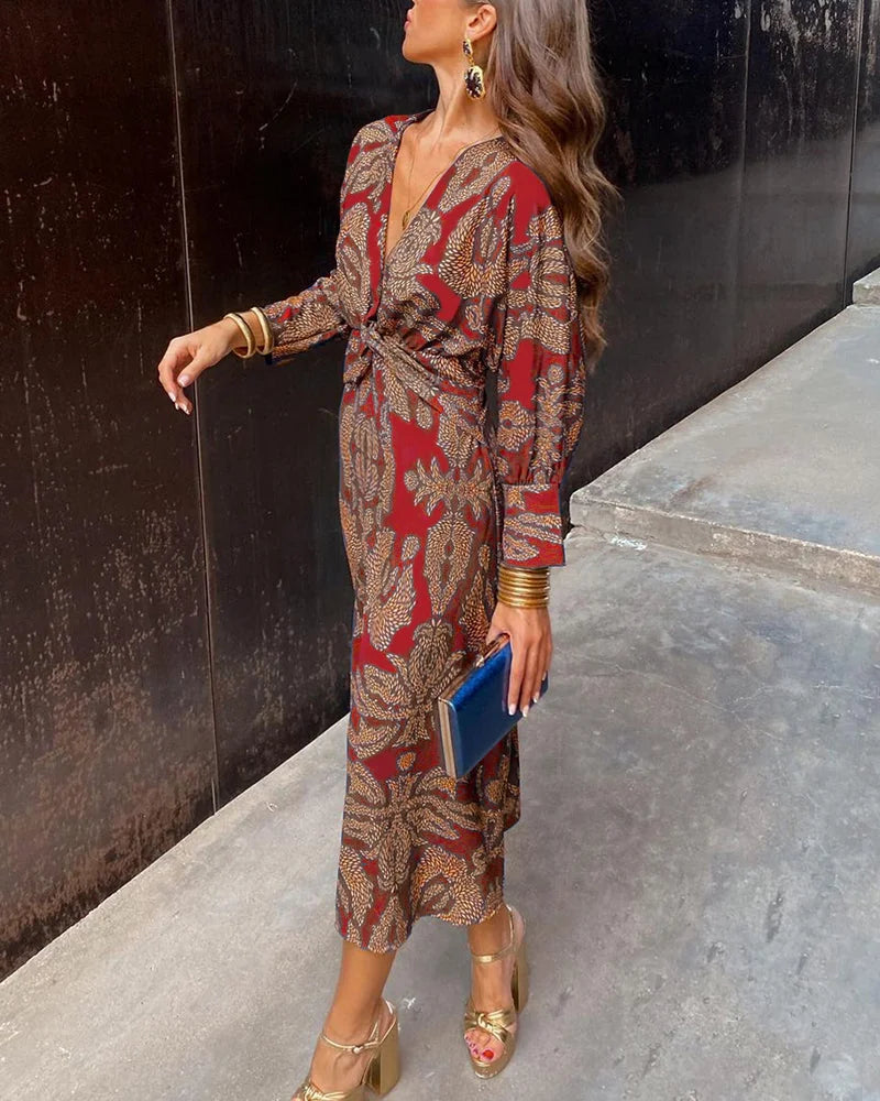 Isadora Leaf Print V-Neck Midi Dress in Red