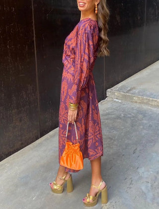 Isadora Leaf Print V-Neck Midi Dress in Lilac