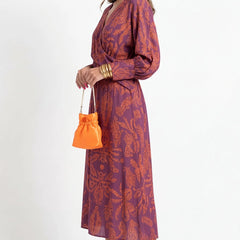 Isadora Leaf Print V-Neck Midi Dress in Lilac