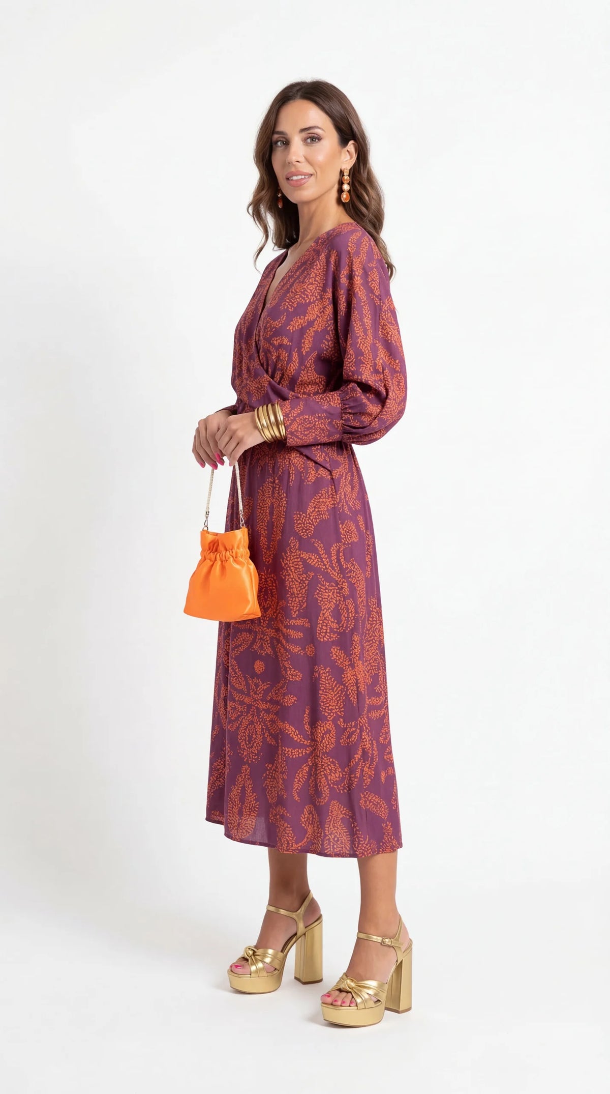 Isadora Leaf Print V-Neck Midi Dress in Lilac