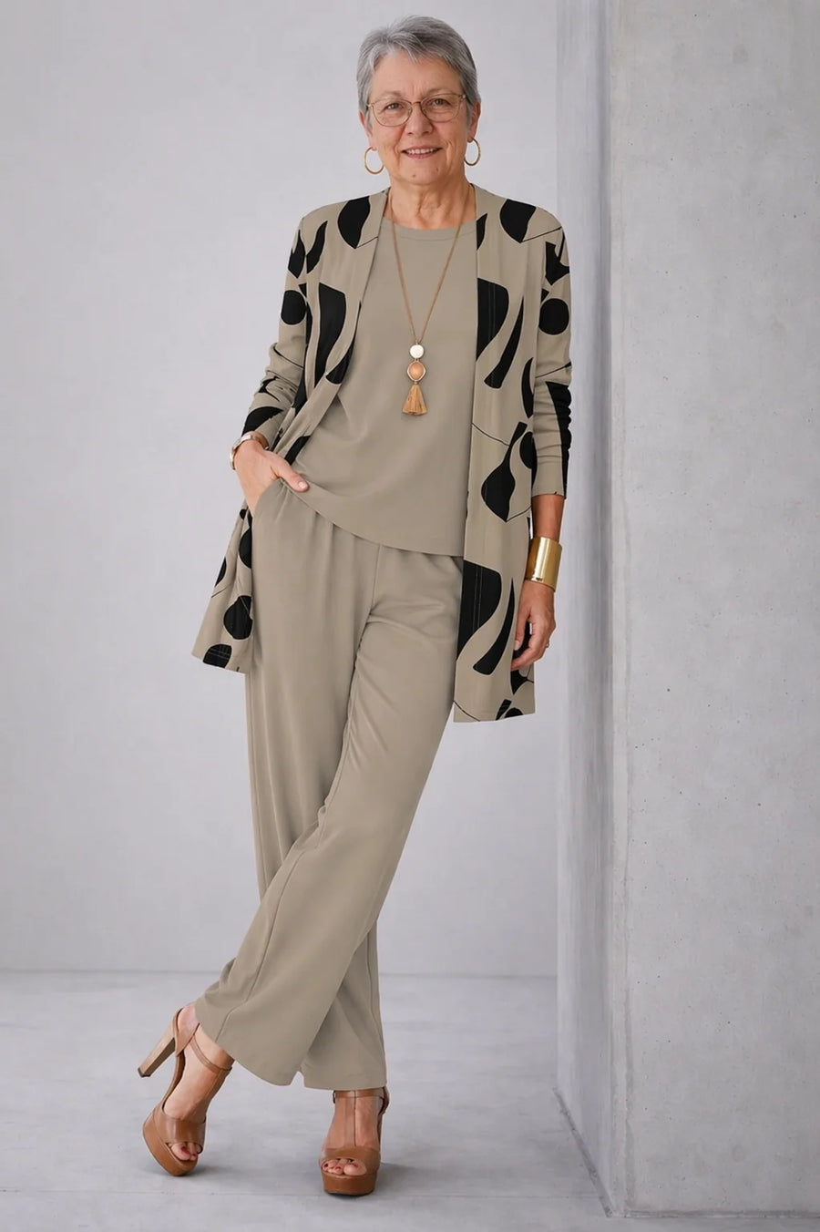 Isobel Printed Three-Piece Wide-Leg Set in Taupe