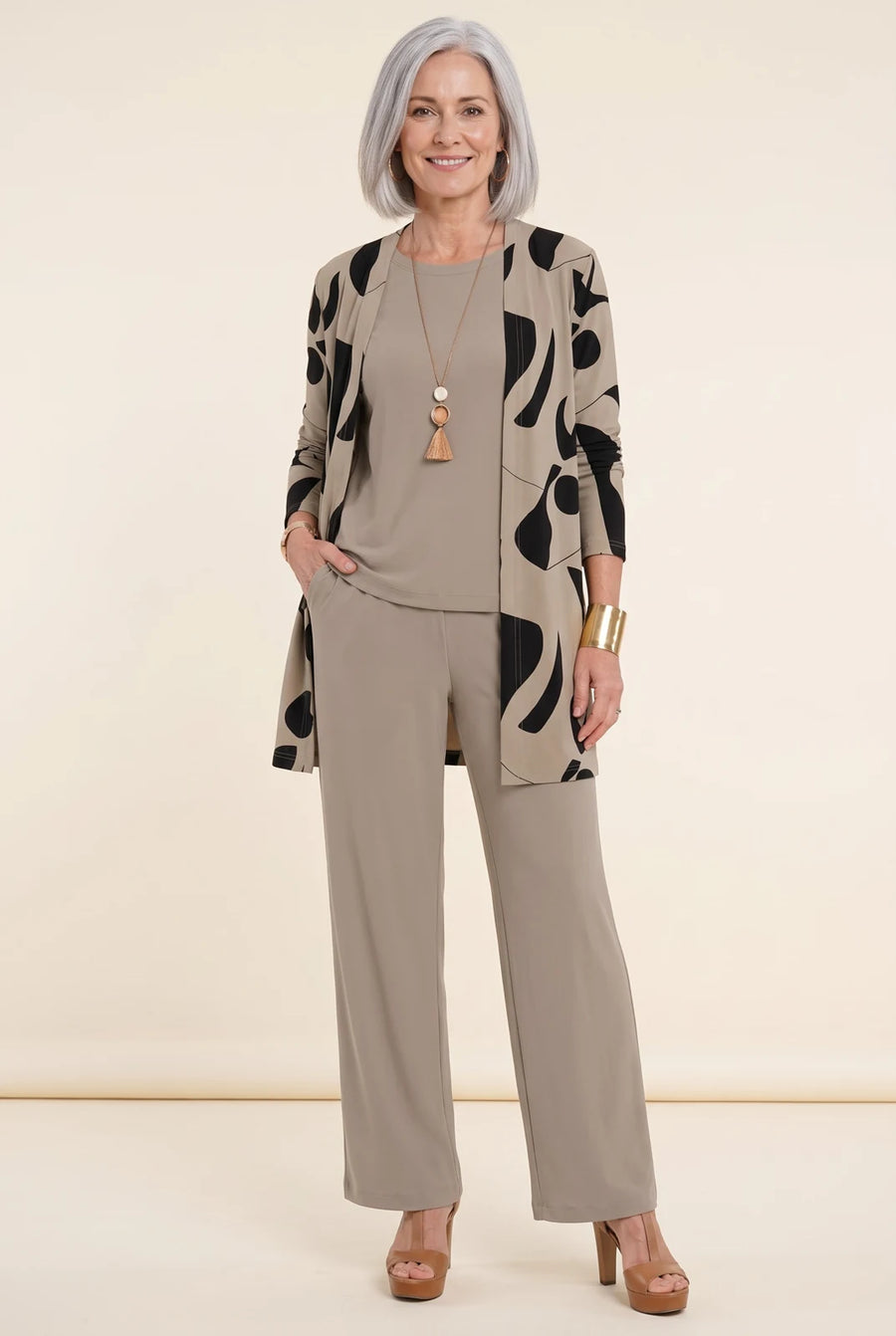 Isobel Printed Three-Piece Wide-Leg Set in Taupe, worn