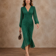 Ivy Ruched Mermaid Midi Dress in Emerald Green