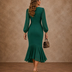 Ivy Ruched Mermaid Midi Dress in Emerald Green