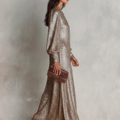 Jacqueline Sequin V-Neck Maxi Dress in Champagne Gold