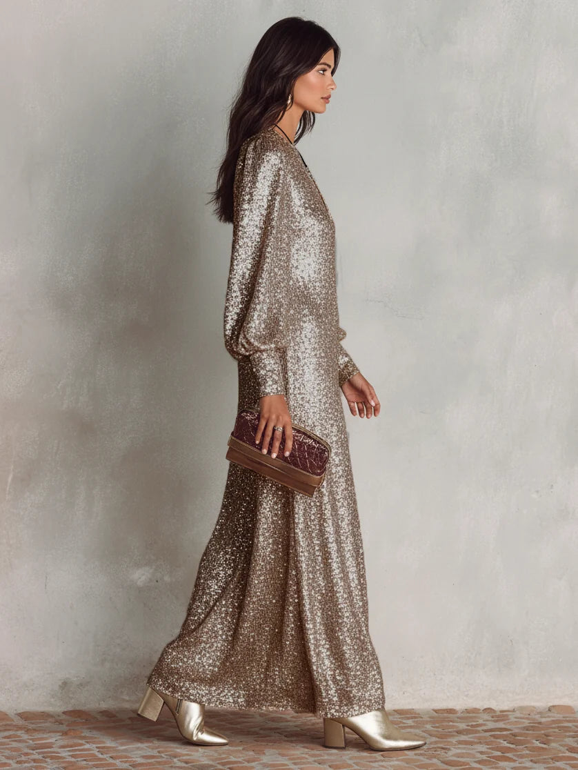 Jacqueline Sequin V-Neck Maxi Dress in Champagne Gold