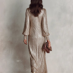 Jacqueline Sequin V-Neck Maxi Dress in Champagne Gold