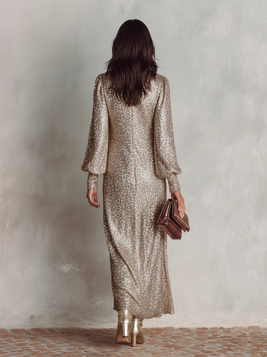 Jacqueline Sequin V-Neck Maxi Dress in Champagne Gold
