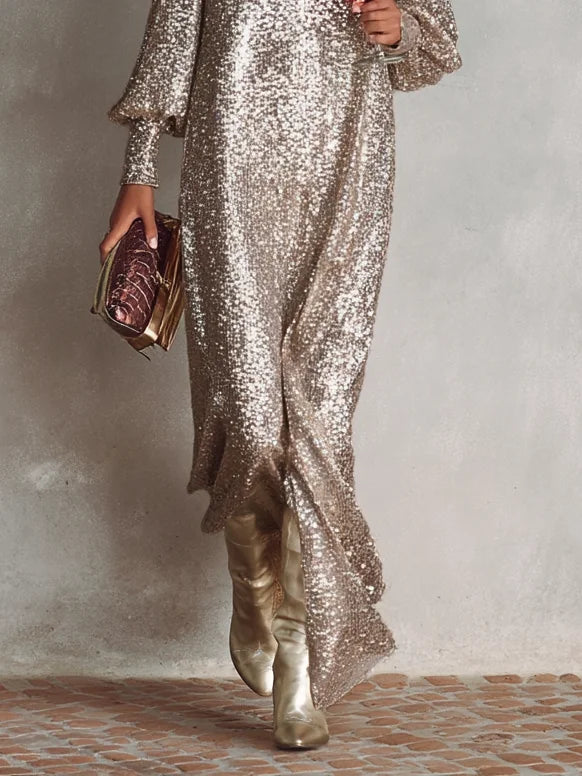 Jacqueline Sequin V-Neck Maxi Dress in Champagne Gold