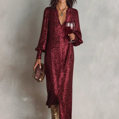 Jacqueline Sequin V-Neck Maxi Dress in Wine Red