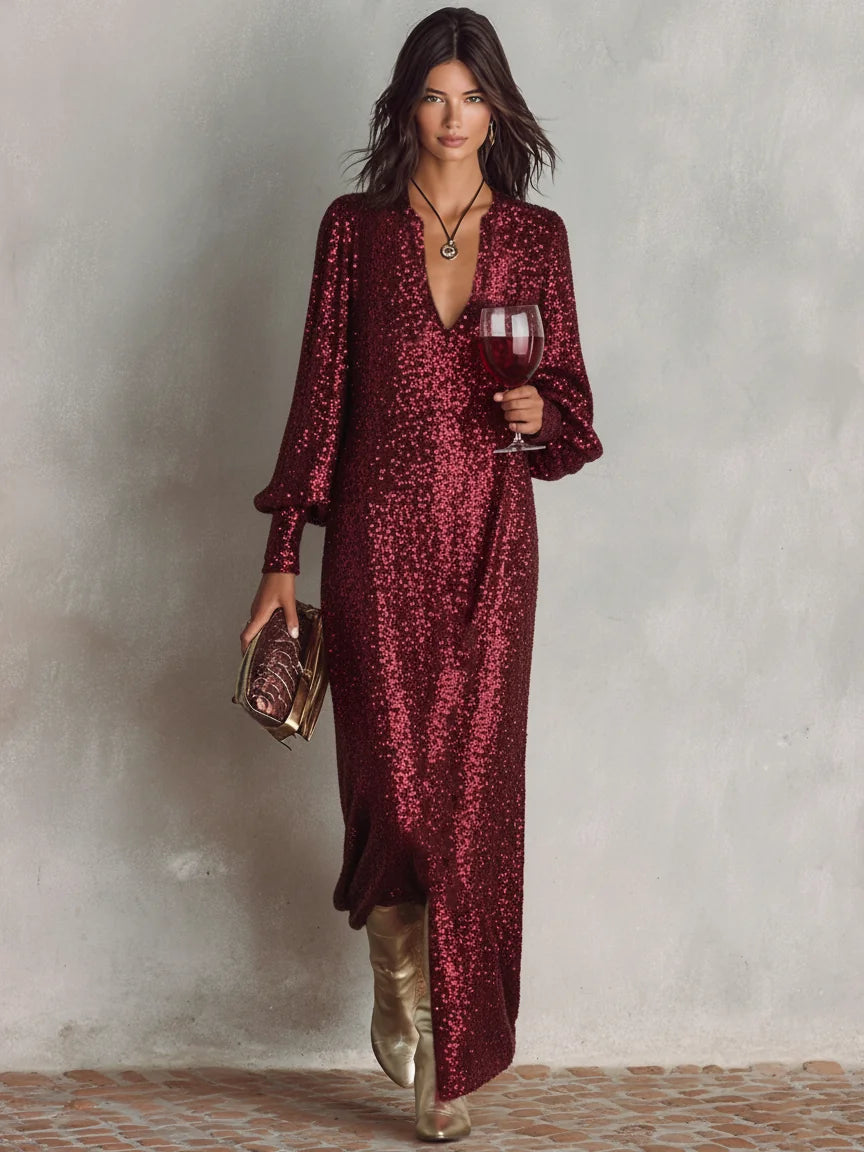 Jacqueline Sequin V-Neck Maxi Dress in Wine Red