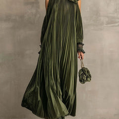 Jane Fine Pleated High-Neck Maxi Dress in Olive Green
