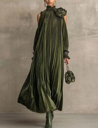 Jane Fine Pleated High-Neck Maxi Dress in Olive Green