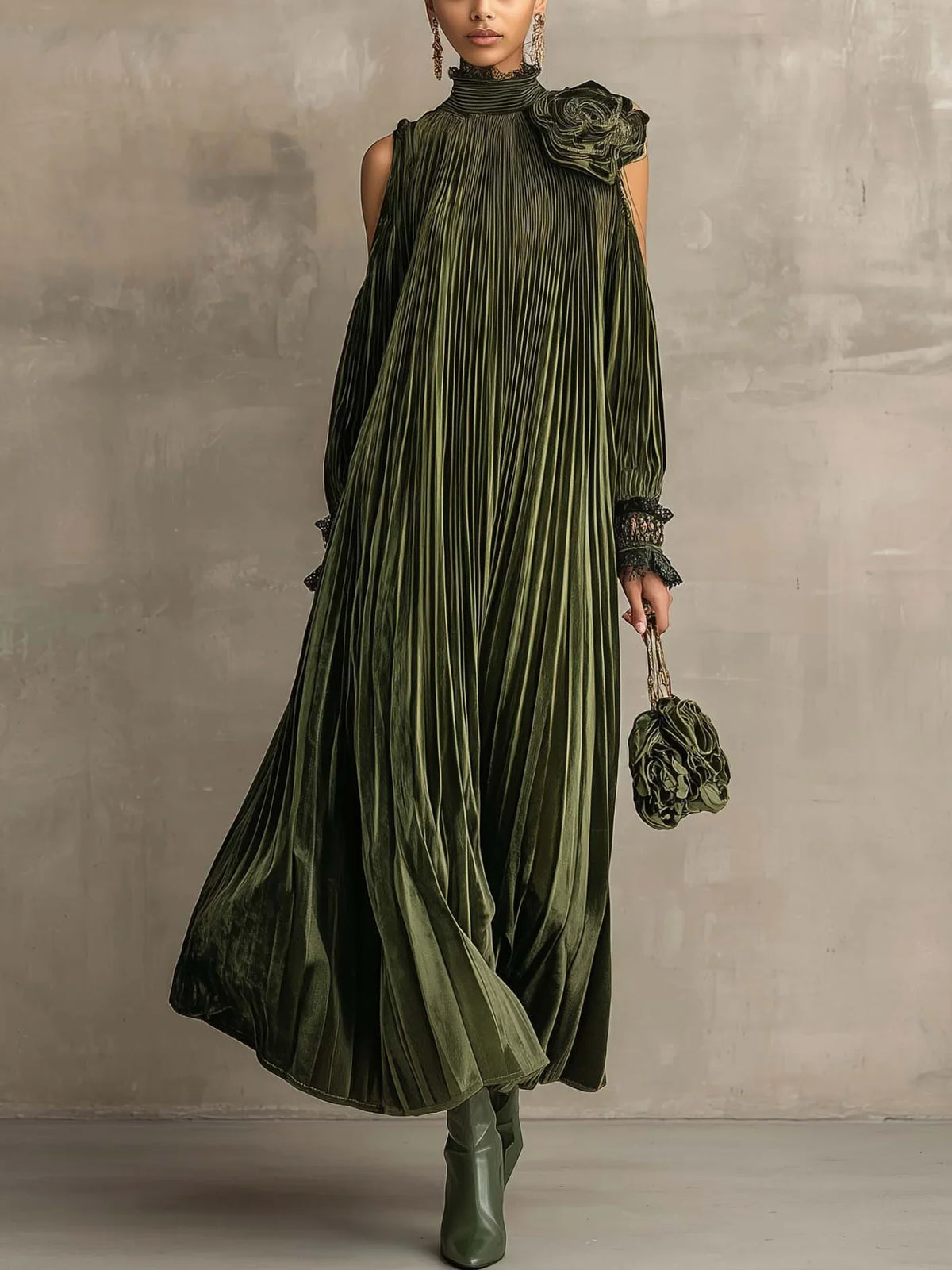 Jane Fine Pleated High-Neck Maxi Dress in Olive Green