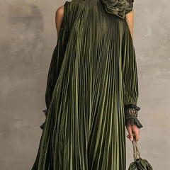 Jane Fine Pleated High-Neck Maxi Dress in Olive Green