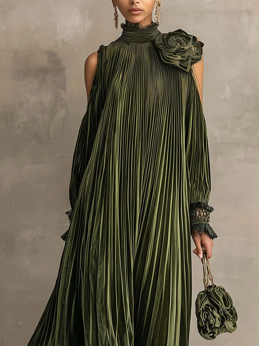 Jane Fine Pleated High-Neck Maxi Dress in Olive Green