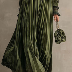 Jane Fine Pleated High-Neck Maxi Dress in Olive Green