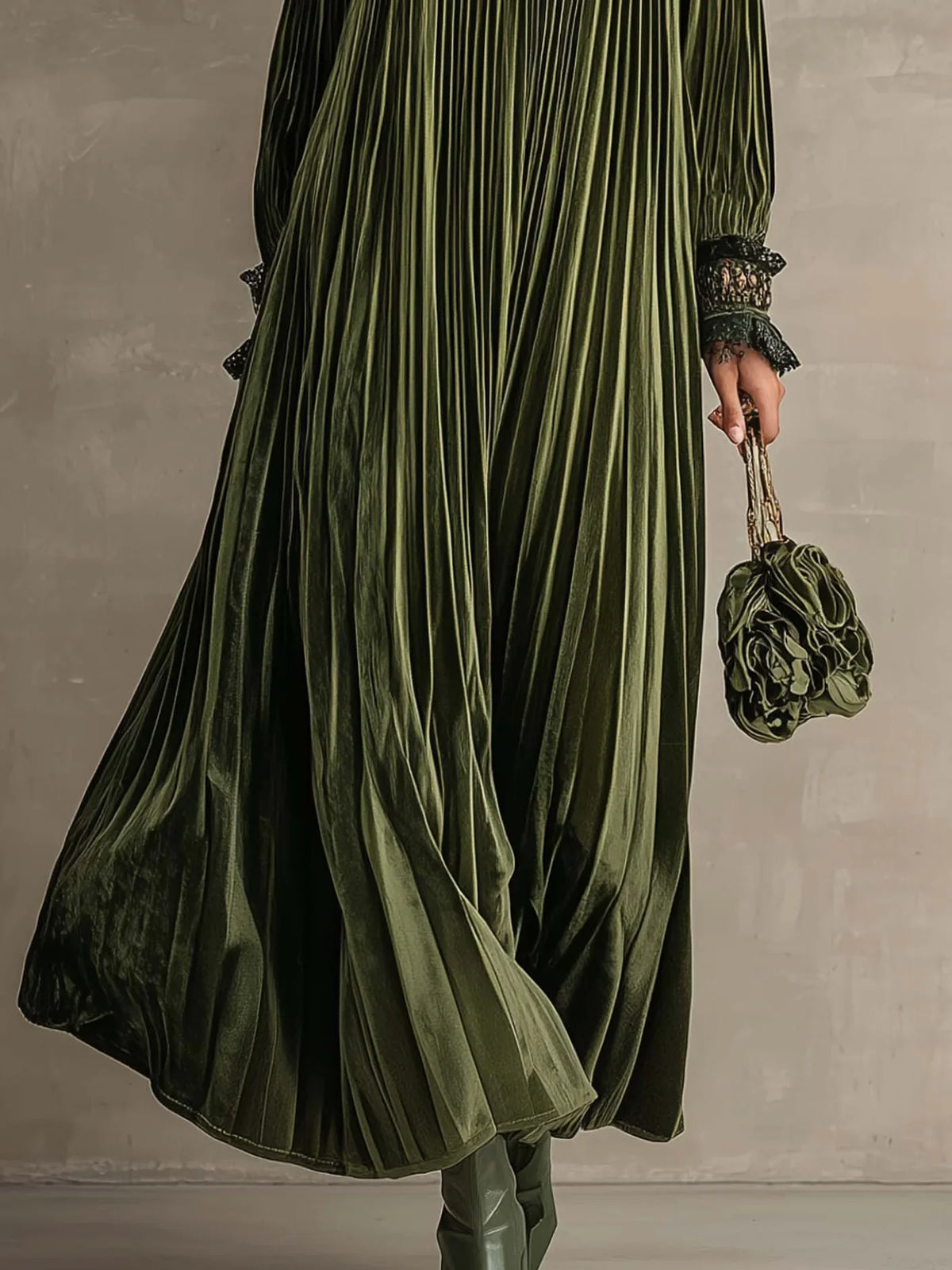 Jane Fine Pleated High-Neck Maxi Dress in Olive Green