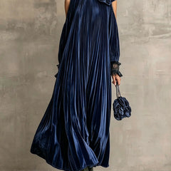 Jane Fine Pleated High-Neck Maxi Dress in Navy