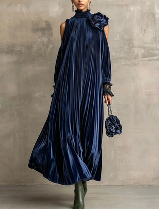 Jane Fine Pleated High-Neck Maxi Dress in Navy