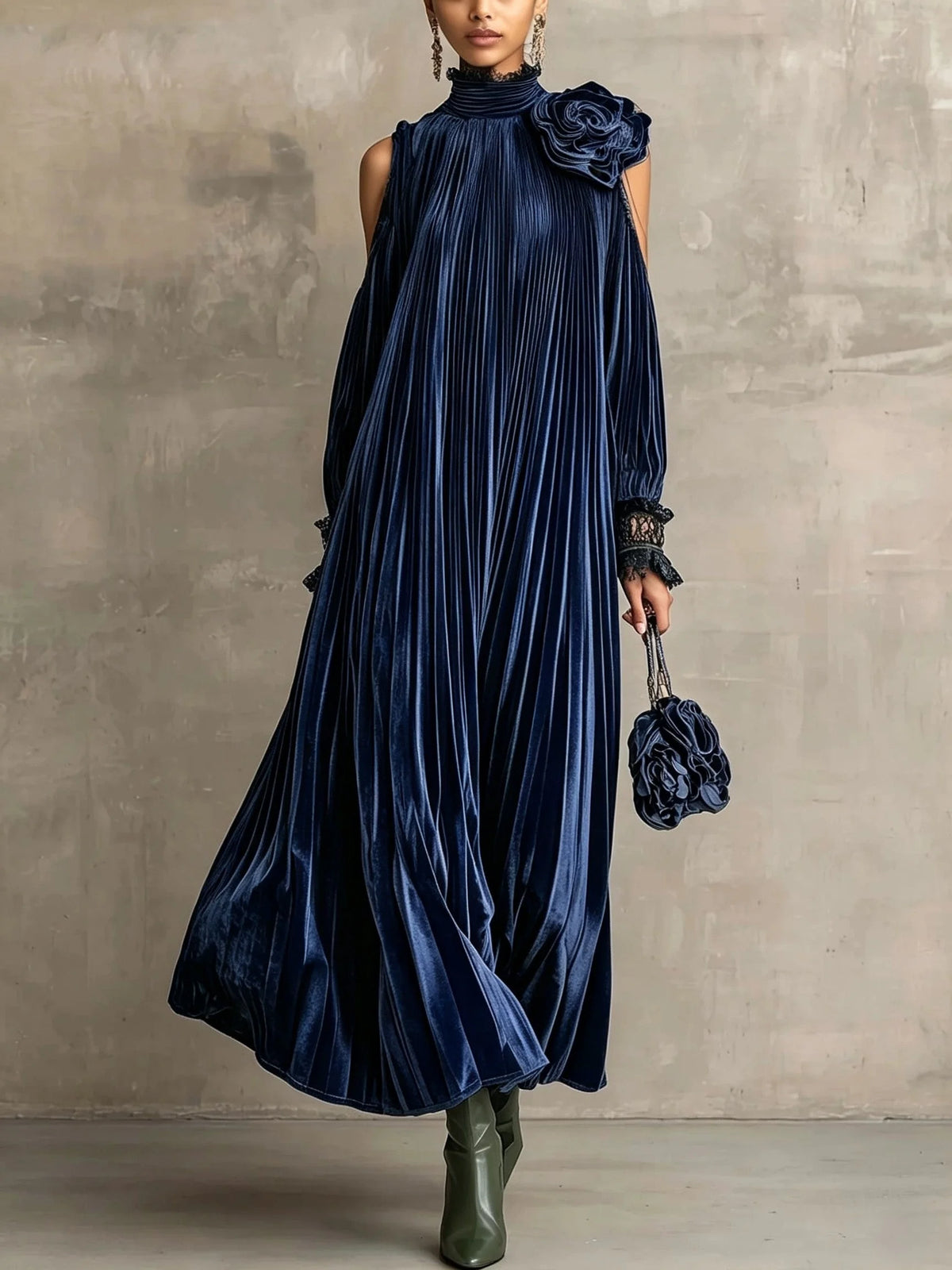 Jane Fine Pleated High-Neck Maxi Dress in Navy
