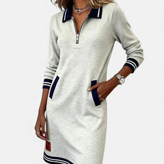 Jeanne Striped Trim Zip-Collar Dress in Grey