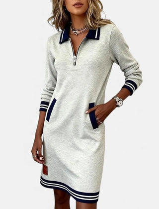 Jeanne Striped Trim Zip-Collar Dress in Grey