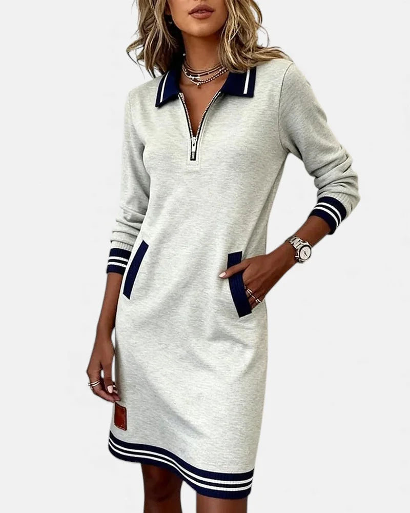 Jeanne Striped Trim Zip-Collar Dress in Grey