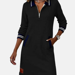Jeanne Striped Trim Zip-Collar Dress in Black