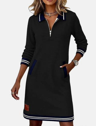 Jeanne Striped Trim Zip-Collar Dress in Black