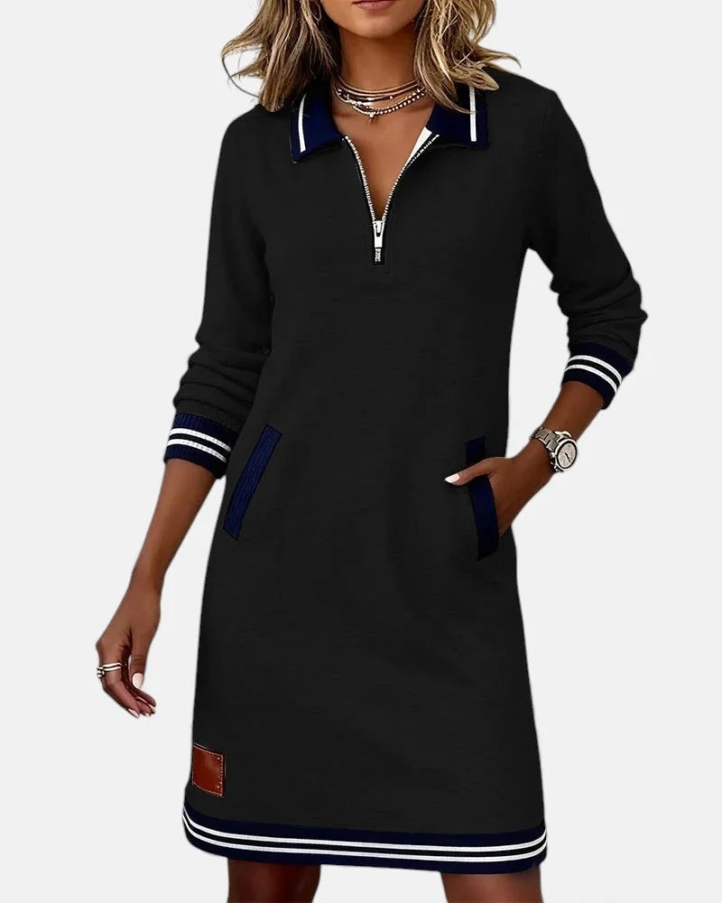 Jeanne Striped Trim Zip-Collar Dress in Black
