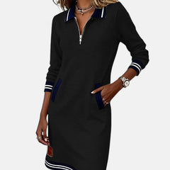 Jeanne Striped Trim Zip-Collar Dress in Black