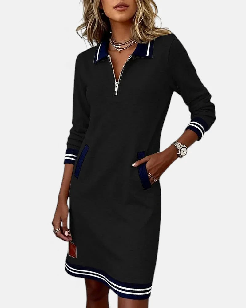 Jeanne Striped Trim Zip-Collar Dress in Black