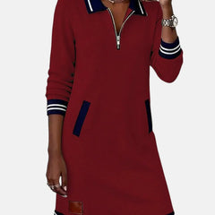 Jeanne Striped Trim Zip-Collar Dress in Red