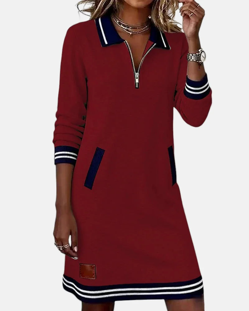 Jeanne Striped Trim Zip-Collar Dress in Red