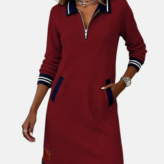 Jeanne Striped Trim Zip-Collar Dress in Red