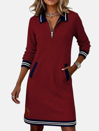 Jeanne Striped Trim Zip-Collar Dress in Red