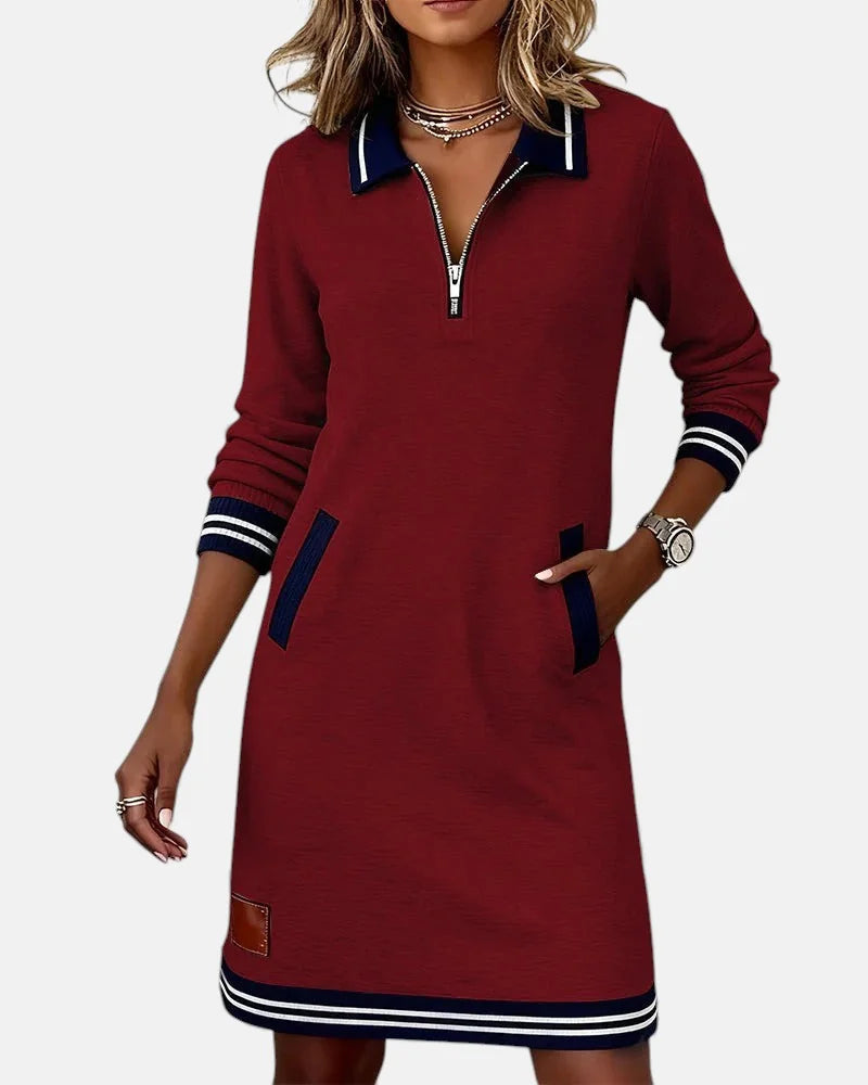 Jeanne Striped Trim Zip-Collar Dress in Red