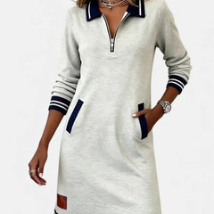 Jeanne Striped Trim Zip-Collar Dress in Grey